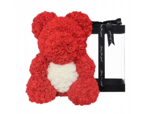 Červený medvídek se srdíčkem z růží 30 cm